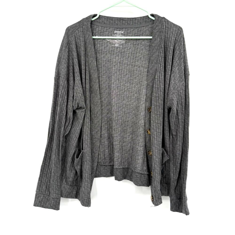 Joyspun Size Large Gray Button Front Cardigan Sweater Ribbed Loungewear Pockets